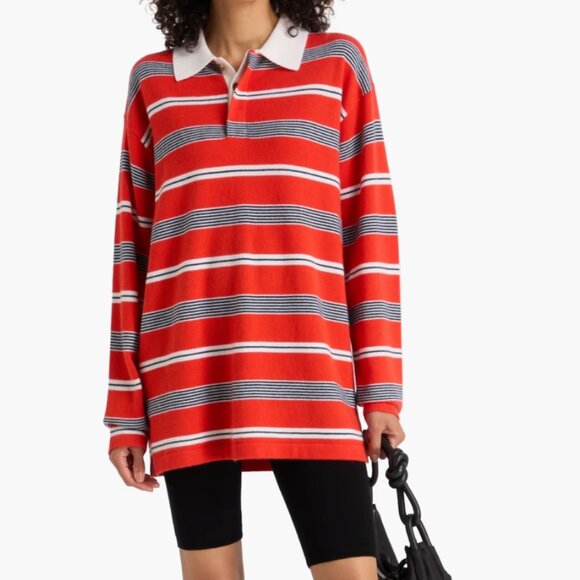 Guest In Residence Sweaters - Guest in Residence Striped Cashmere Polo Shirt Tomato Red